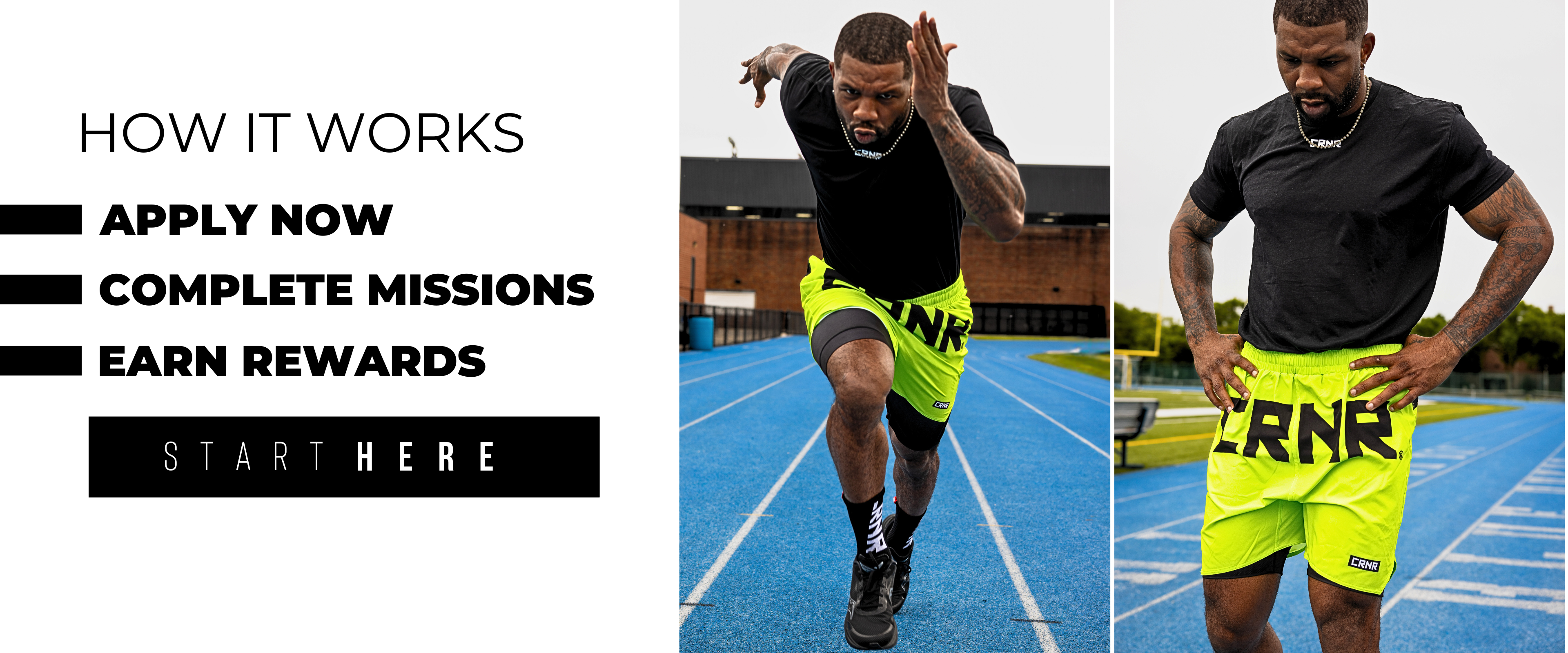 A photo for Combat Corner's brand ambassador program. It shows a young man who is a member of the CRNR Ambassador program and CRNR MMA community. He is training on a track and field and wearing CRNR Functional Training Shorts. The photo has a headline explaining how the CRNR Ambassador Program works. It says, 