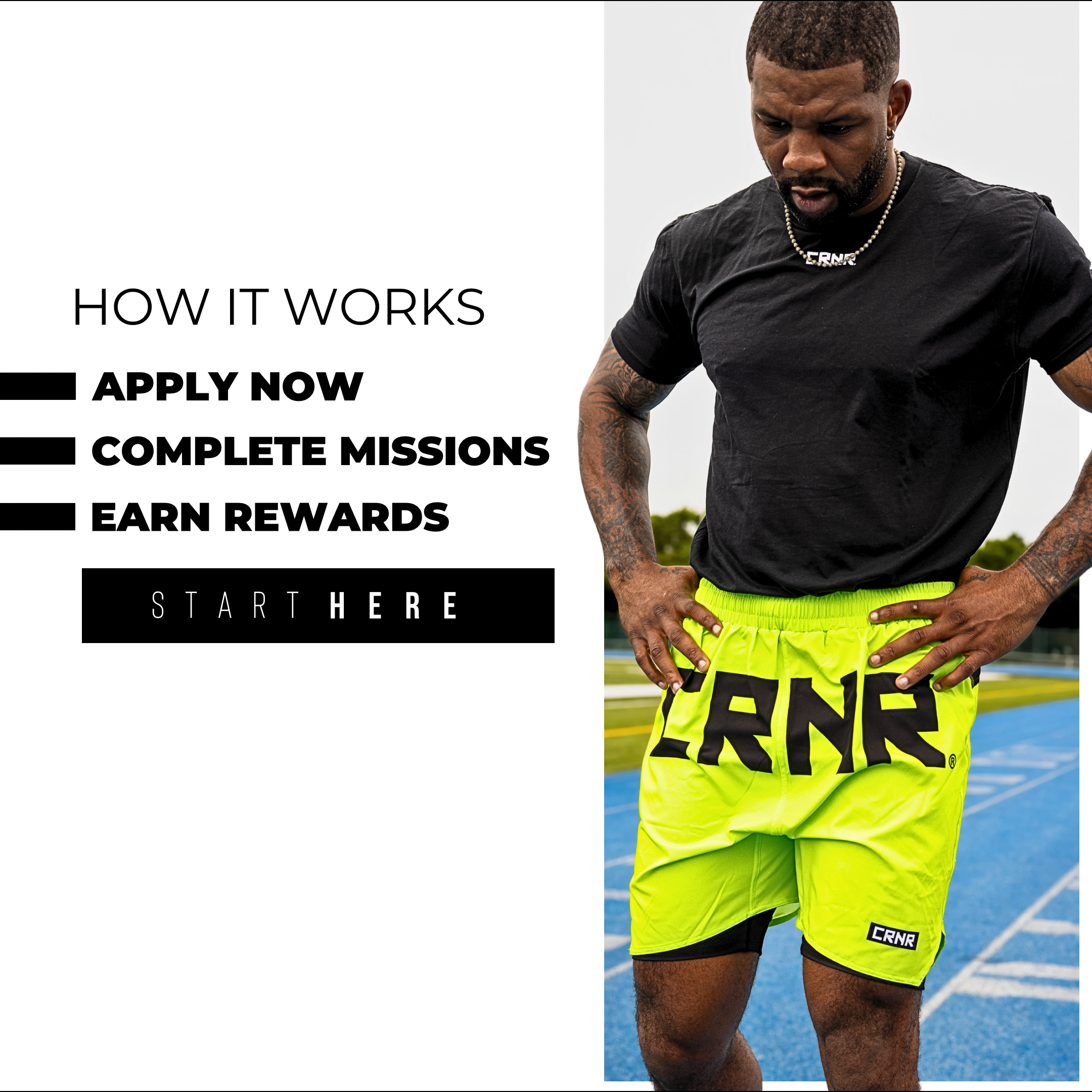 A photo for Combat Corner's brand ambassador program. It shows a young man who is a member of the CRNR Ambassador program and CRNR MMA community. He is training on a track and field and wearing CRNR Functional Training Shorts. The photo has a headline explaining how the CRNR Ambassador Program works. It says, 
