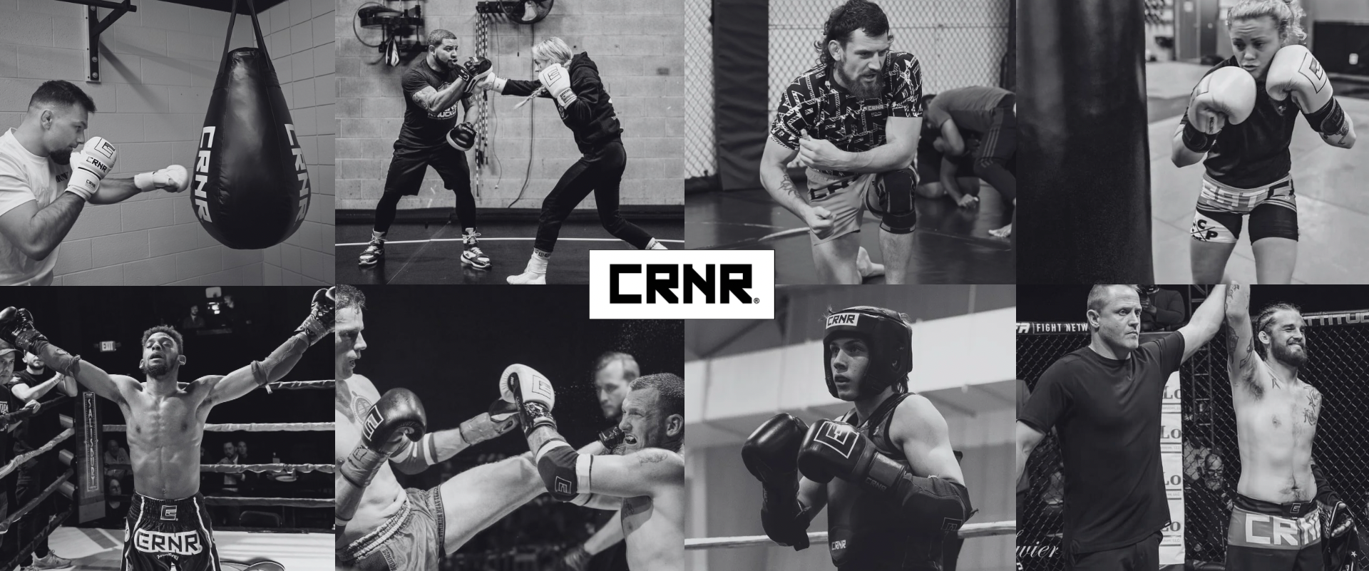 Collage of several photos of athletes training and competing in Combat Corner Gear.