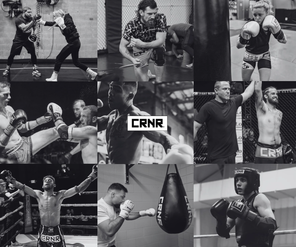 Collage of several photos of athletes training and competing in Combat Corner Gear.