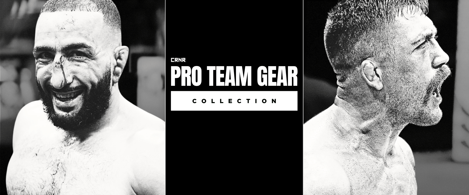 Photo of CRNR Pro Team Member Belal Muhammad and Gerald Meerschaert for a cover image for CRNR Pro Team Gear Collection which features a variety of pro MMA gear by Combat Corner.
