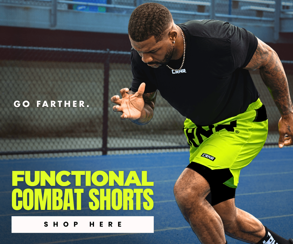 Photo of a professional athlete training with Combat Corner Functional Combat Shorts. The image has text that says, 