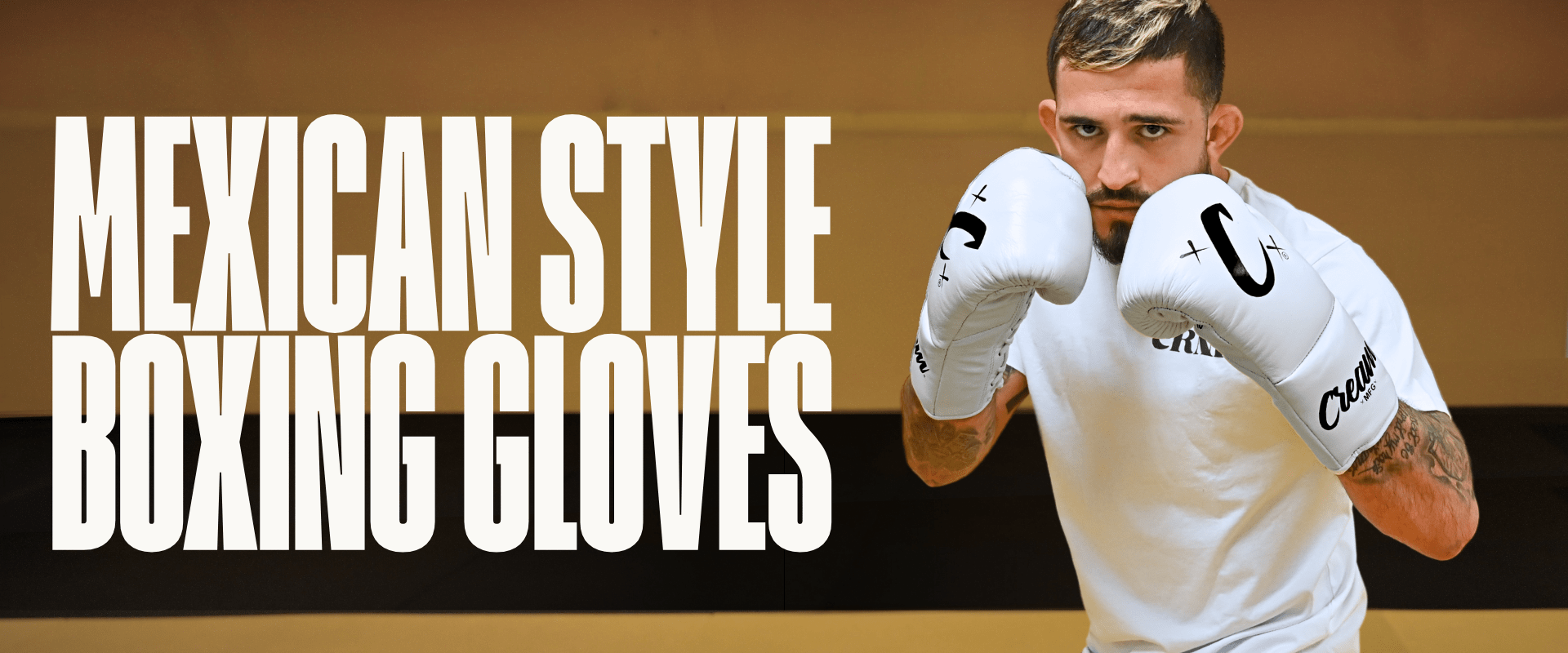 Photo of MMA Champion Sergio Pettis training with Combat Corner Mexican Boxing Gloves, the Cream TM1 Boxing Gloves. The photo has text that says,