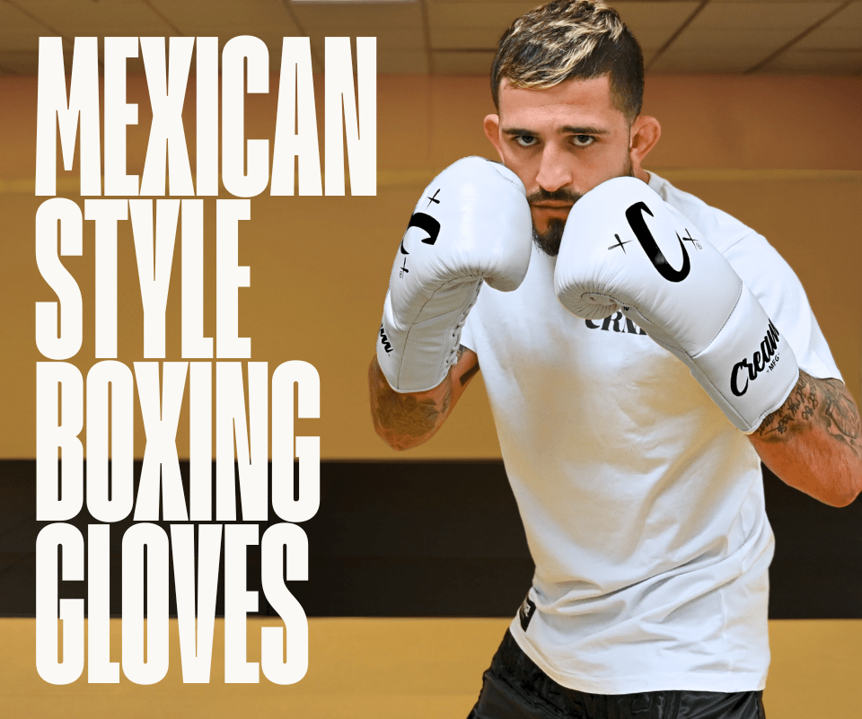 Photo of MMA Champion Sergio Pettis training with Combat Corner Mexican Boxing Gloves, the Cream TM1 Boxing Gloves. The photo has text that says,