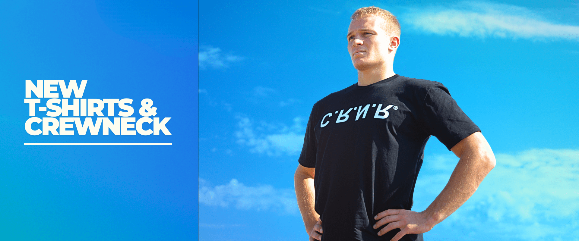 Photo of Combat Corner's new t-shirts. The photo shows a young man wearing the new CRNR UP DN IN OUT T-shirt.