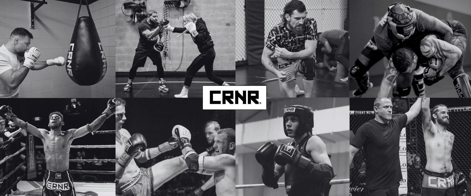 A Combat Corner biography photo for their Custom Rash Guards. The photo is a collage of several photos of athletes training and competing in Combat Corner Gear.