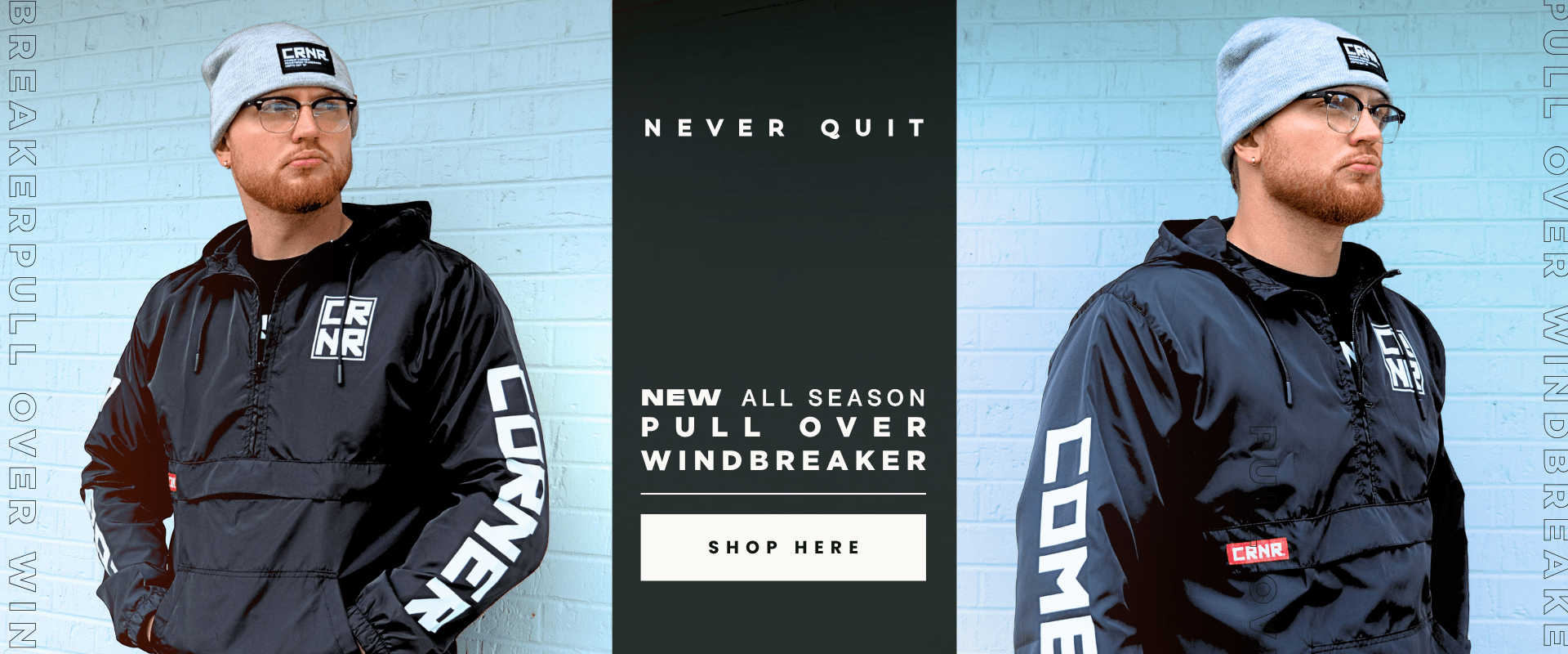 Photo of a young man wearing Combat Corner's Pull Over Windbreaker. The image has text that says,