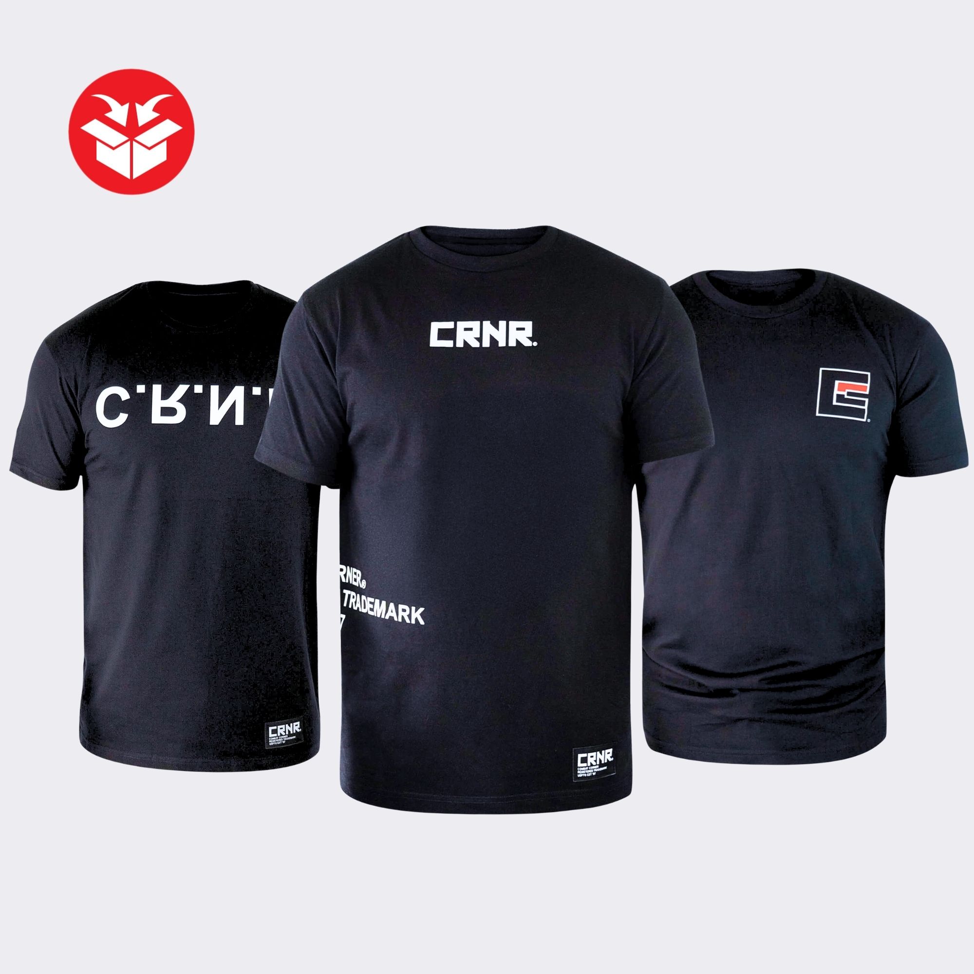 Photo of Combat Corner's 3 Pack T-Shirt Bundle, which includes Combat Corner's Fight Equip T-Shirt, CRNR Trademark T-Shirt, and CRNR Up Dn In Out T-Shirt