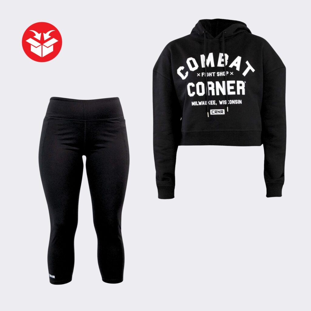 Photo of Combat Corner's Women's Active Lifestyle Bundle, which includes Combat Corner's Women's Active Mid Leggings and Women's Fight Crop Hoodie