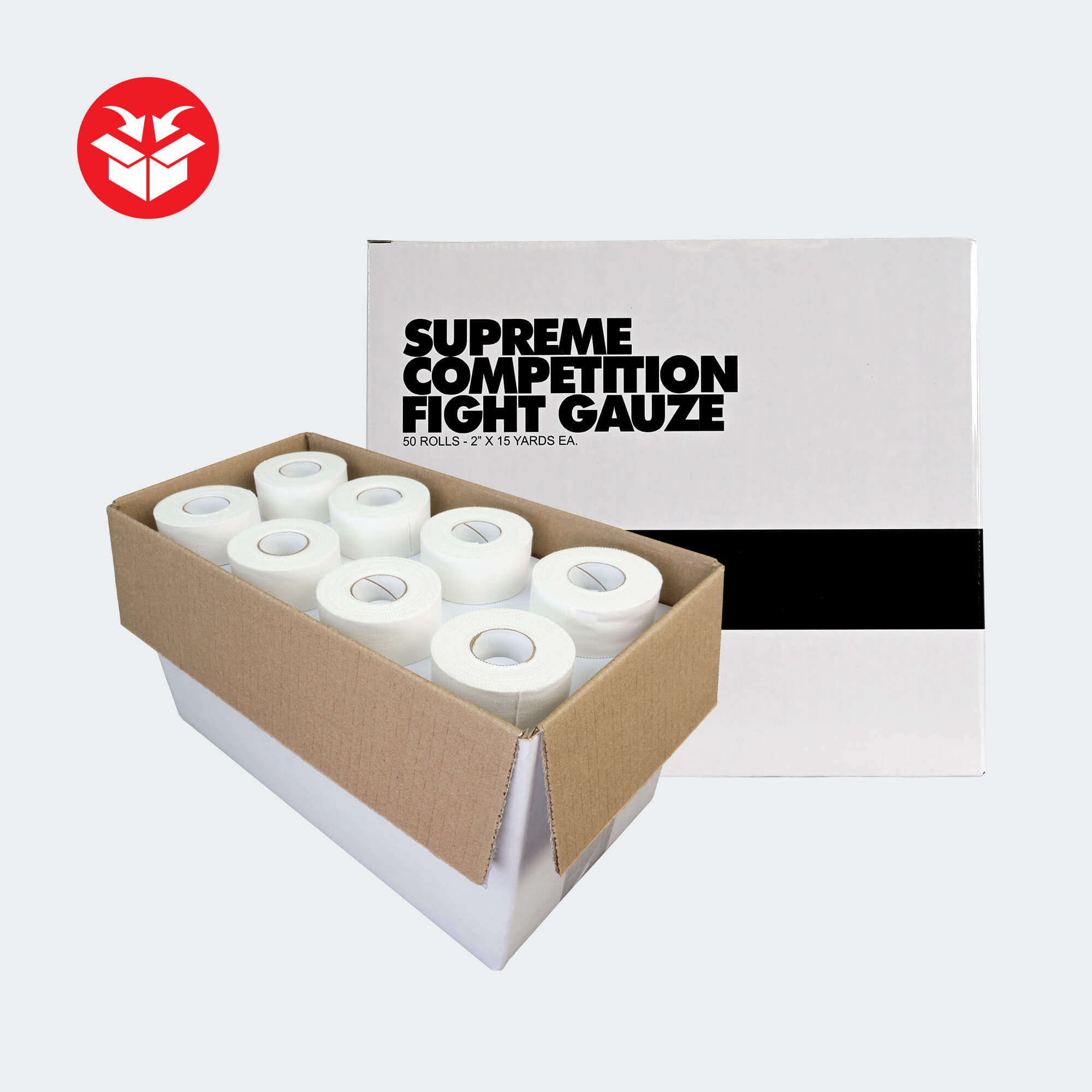 Photo of Combat Corner's Corner Gauze & Tape Bundle which includes CRNR Supreme Competition Fight Gauze and CRNR 1" Hi-Tack Compat Tape White