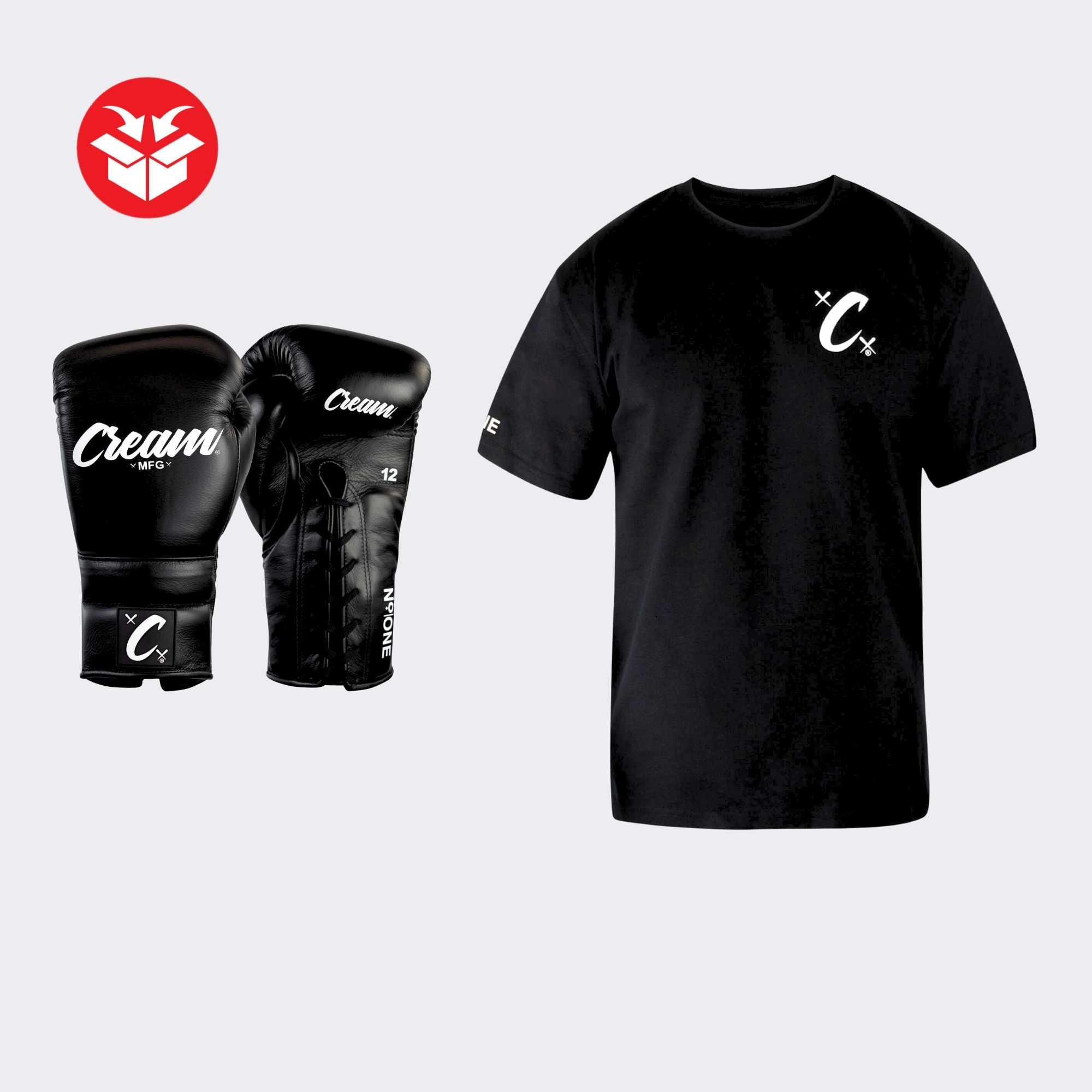 Photo of Combat Corner's Cream Essential Bundle, which includes Cream TJ1 Boxing Gloves and Cream Ultra Heavyweight T-Shirt