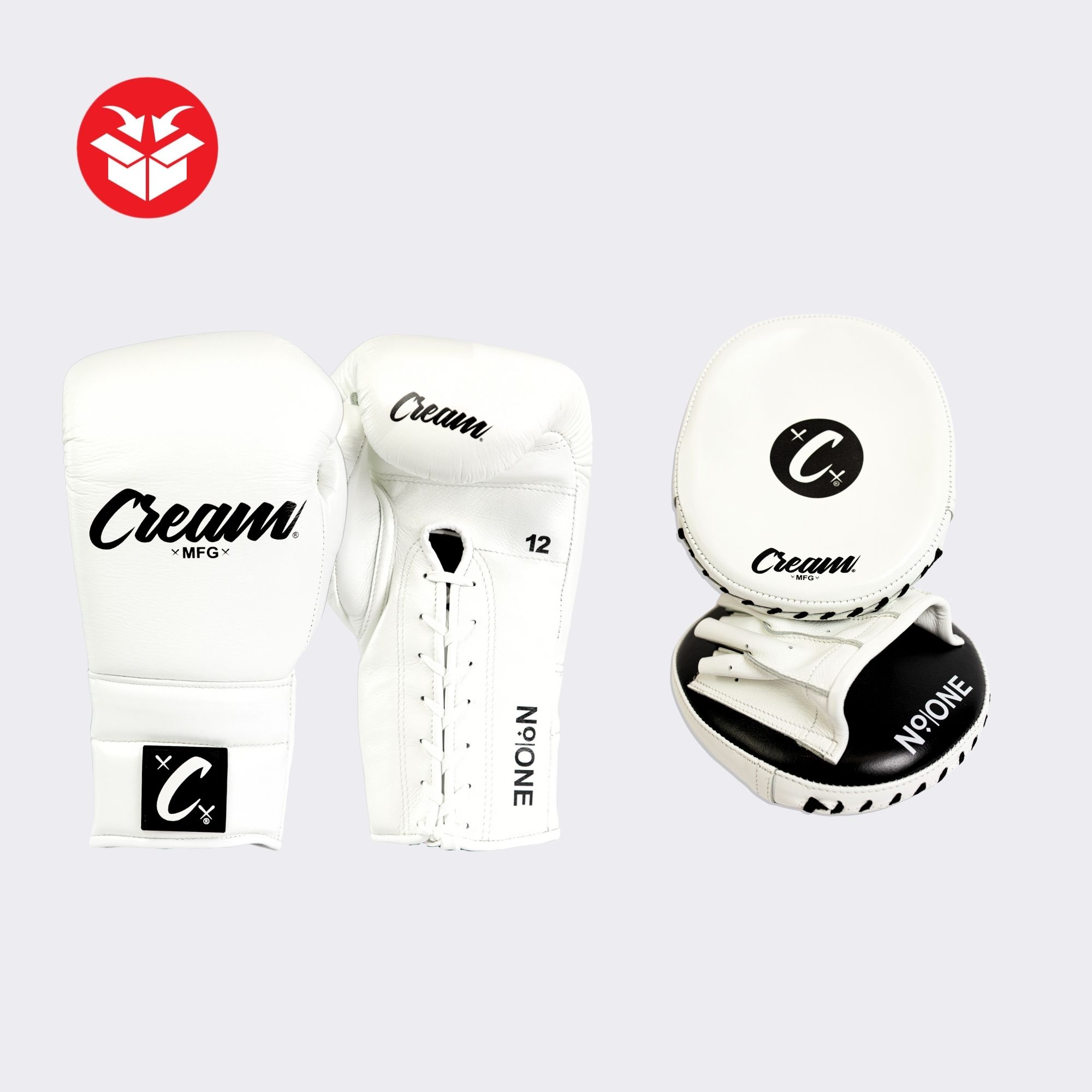 Photo of Combat Corner's Cream Training Bundle, which includes Cream TJ1 Boxing Gloves and Cream Concave Focus Mitts