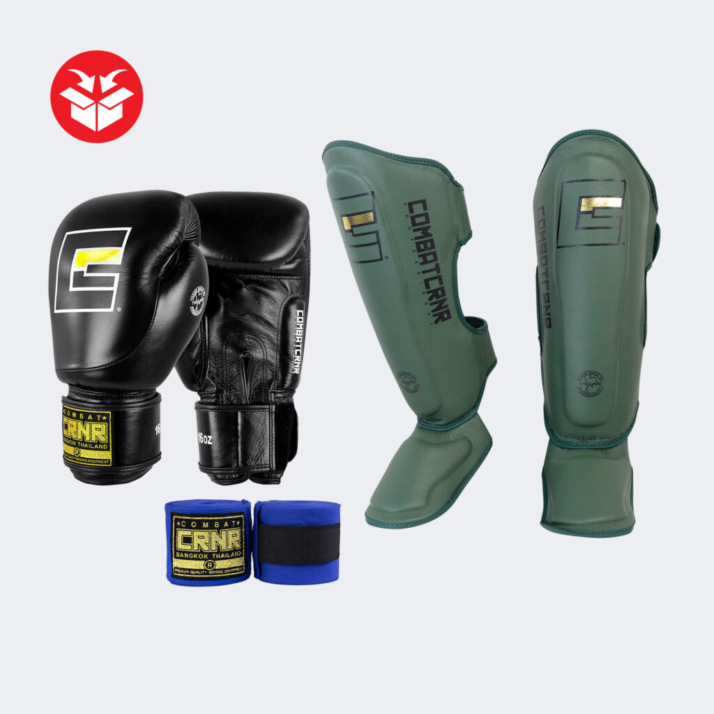 Photo of Combat Corner's HMIT Standard Bundle which includes HMIT Boxing Gloves, HMIT Shin Guards, and HMIT Hand Wrap