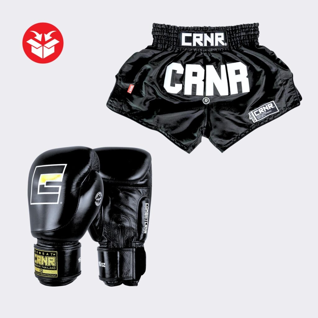 Photo of Combat Corner's HMIT Supply Bundle, which includes HMIT Boxing Gloves and HMIT Supply Thai Shorts
