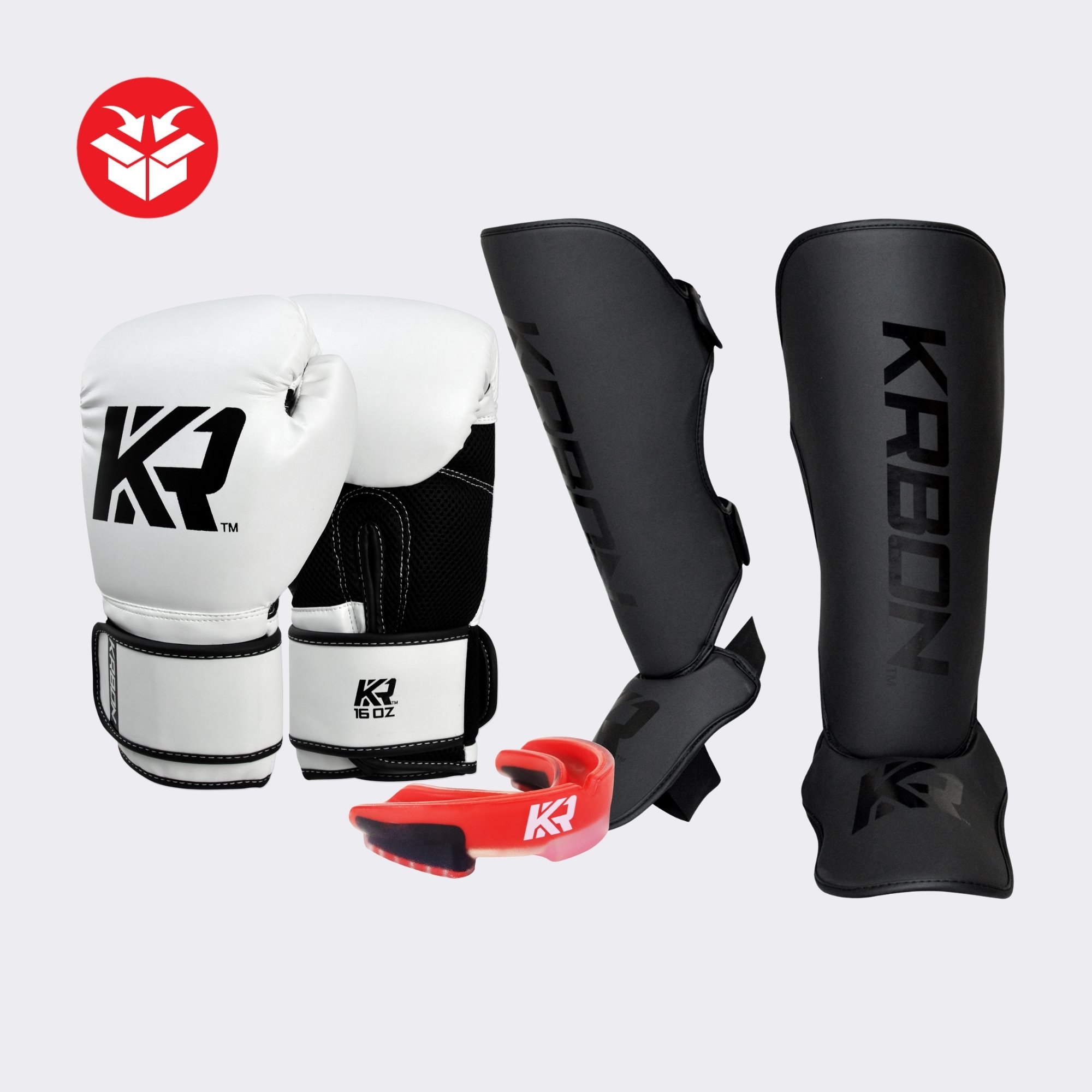 Photo of Combat Corner's KRBON Advanced Bundle which includes KRBON Boxing Gloves, KRBON Shin Guards, and KRBON Pro Series Mouthguard