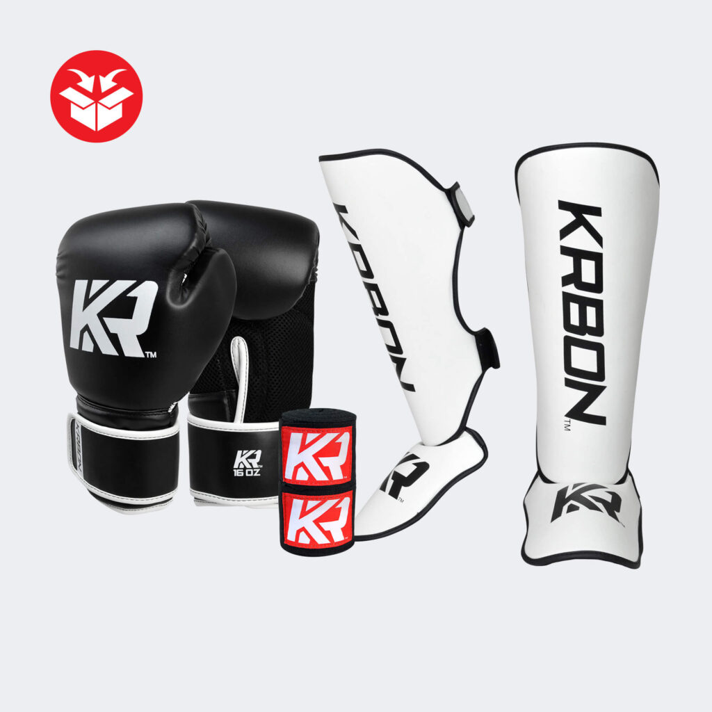 Photo of Combat Corner's KRBON Kickboxing Bundle which includes KRBON Boxing Gloves, KRBON Shin Guards, and KRBON Hand Wrap
