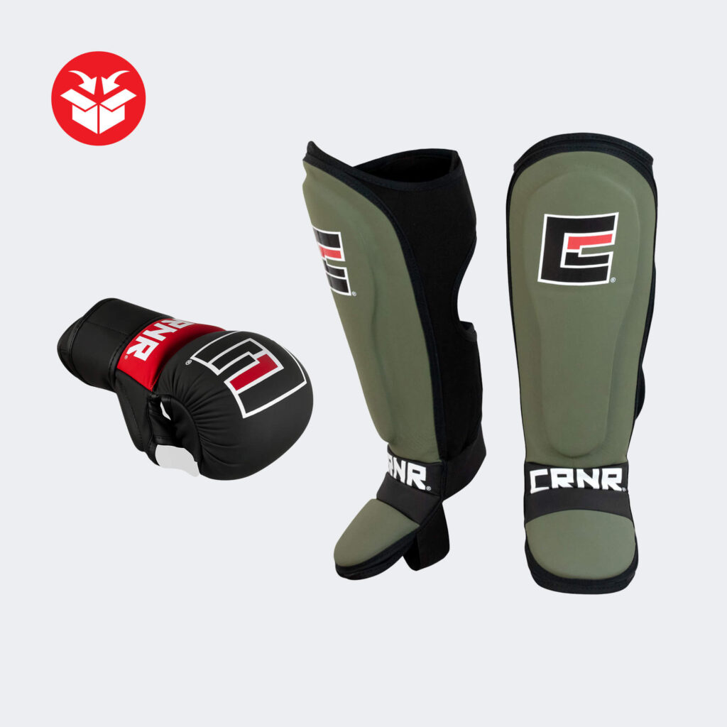 Photo of Combat Corner's MMA Spar Bundle which includes CRNR MMA Spar Gloves and MMA Spar Shin Guards