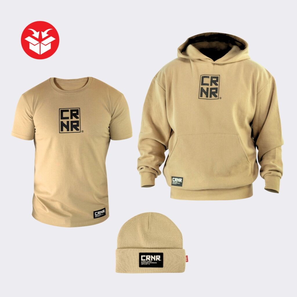 Photo of Combat Corner's Stacked Hoodie Bundle which includes CRNR Stacked Hoodie, CRNR Stacked T-Shirt, and TradeMark Winter Beanie