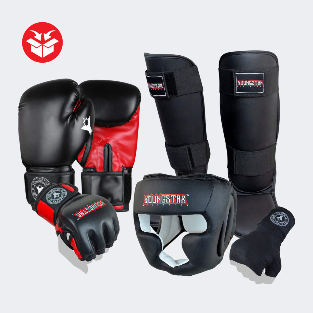 Photo of Combat Corner's YoungStar Youth Bundle which includes YoungStar Boxing Gloves, YoungStar Shin Guards, YoungStar Headgear, YoungStar MMA Gloves, and YoungStar Hand Wrap