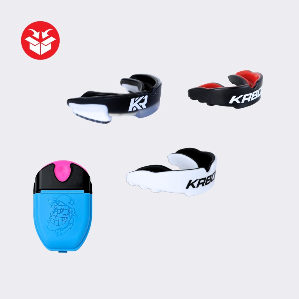 Photo of Combat Corner's KRBON Mouthguard Bundle, which includes Combat Corner's KRBON Pro Series Mouthguards, KRBON Elite Mouthguards, KRBON Youth Elite Mouthguards, and Grilla Box Self-Cleaning Mouthguard Case
