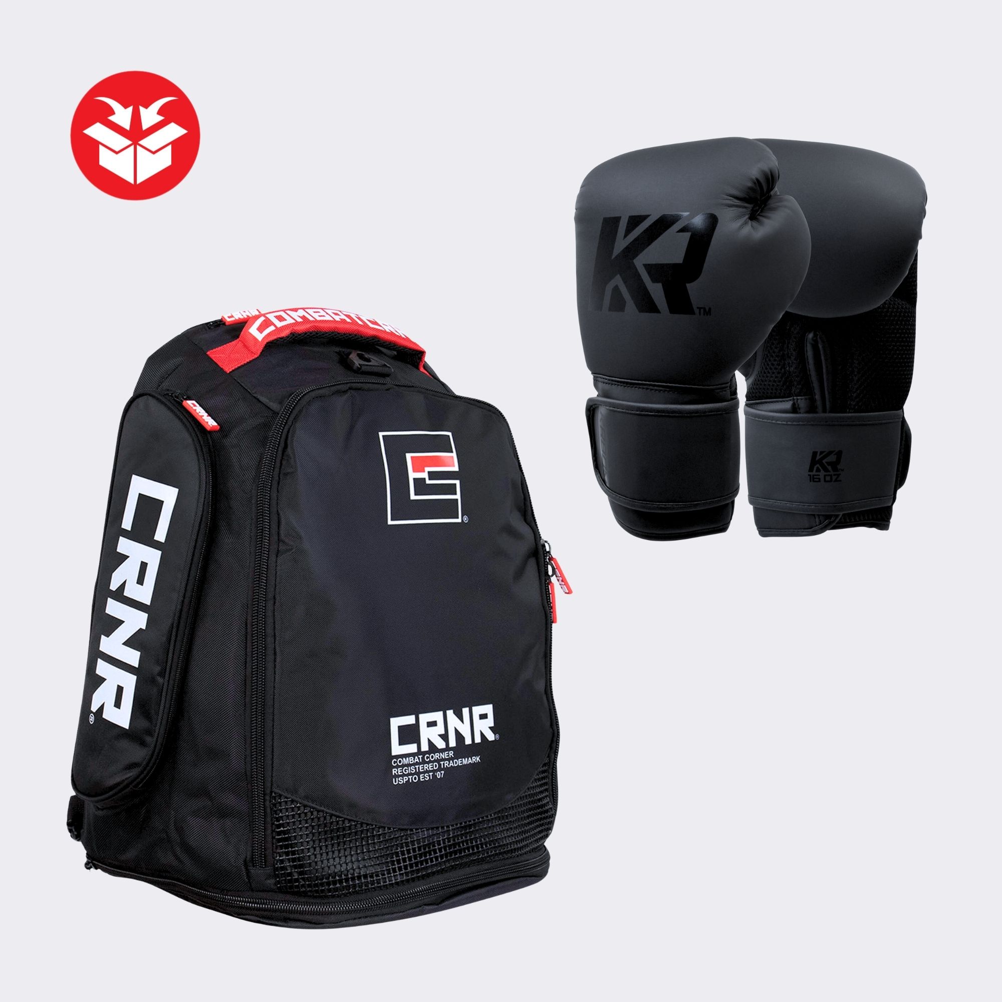 Photo of Combat Corner's KRBON Travel Bundle, which includes Combat Corner's KRBON Boxing Gloves and Expand Pack Gear Bag