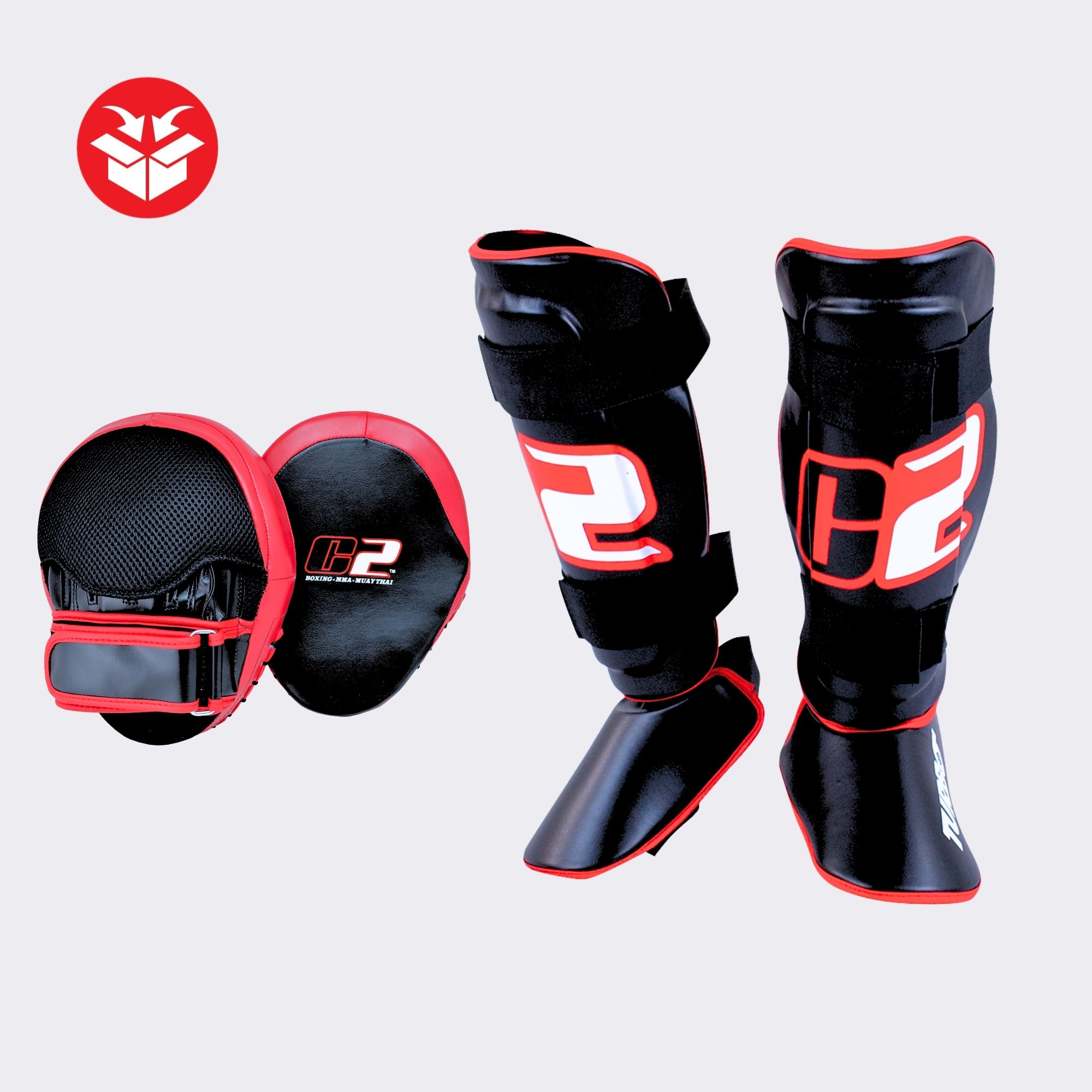 Photo of Combat Corner's C2 Training Bundle, which includes Combat Corner's C2 Turbo Shin Guards and C2 Punch Mitts