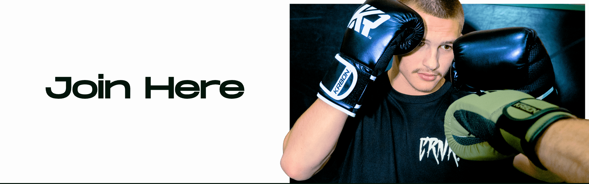 Photo to join Combat Corner Rewards. The photo shows a young man training with Combat Corner's KRBON Boxing Gloves.