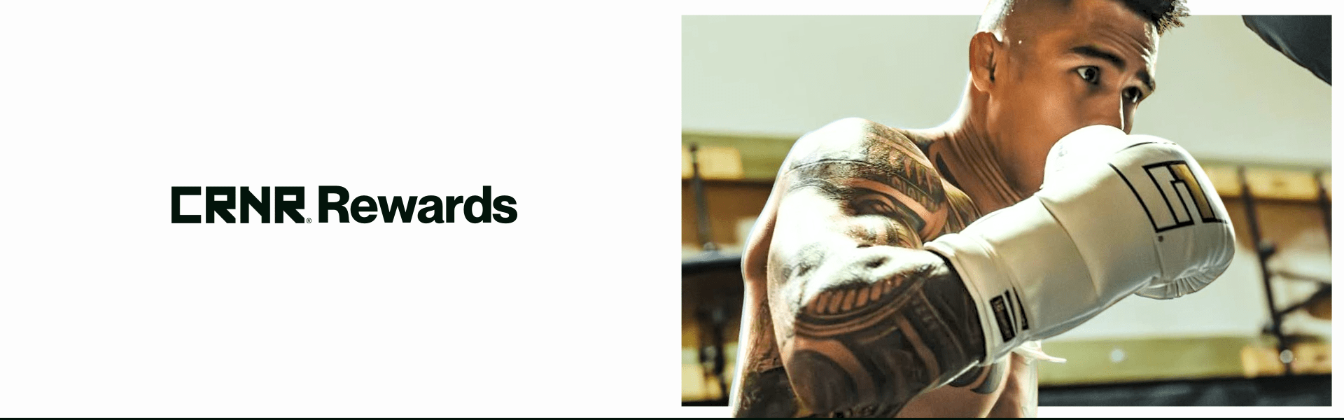 Photo for CRNR Rewards. Rewards Members earn exclusive CRNR discounts, free gifts, and gift cards. The photo shows CRNR Pro Team Member Kai Kamaka training with HMIT Boxing Gloves.