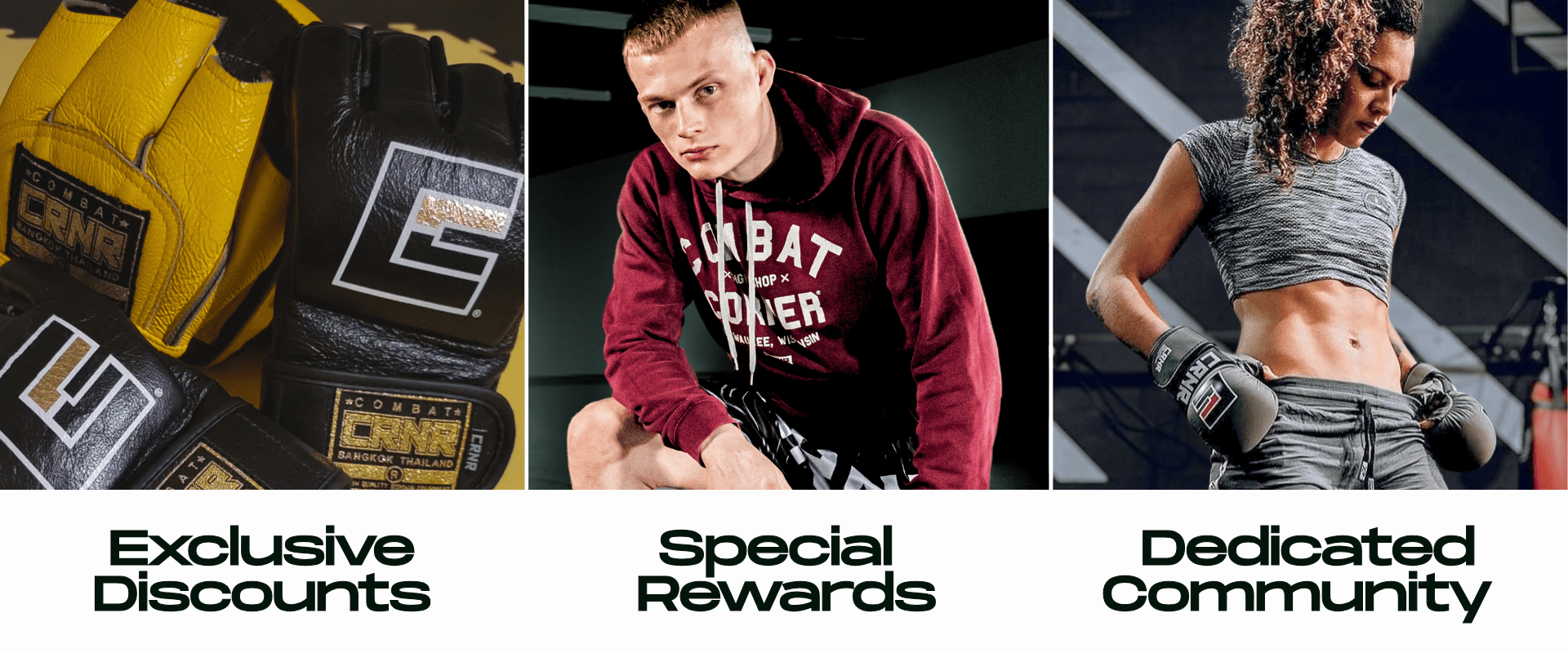 Photo for Combat Corner Rewards. The photo shows CRNR Gear and a man and woman training with CRNR gear.