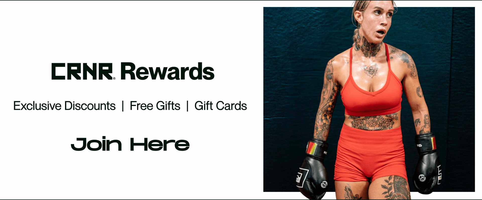 Photo to sign up for Combat Corner Rewards where Members earn exclusive CRNR discounts, free gifts, and gift cards.