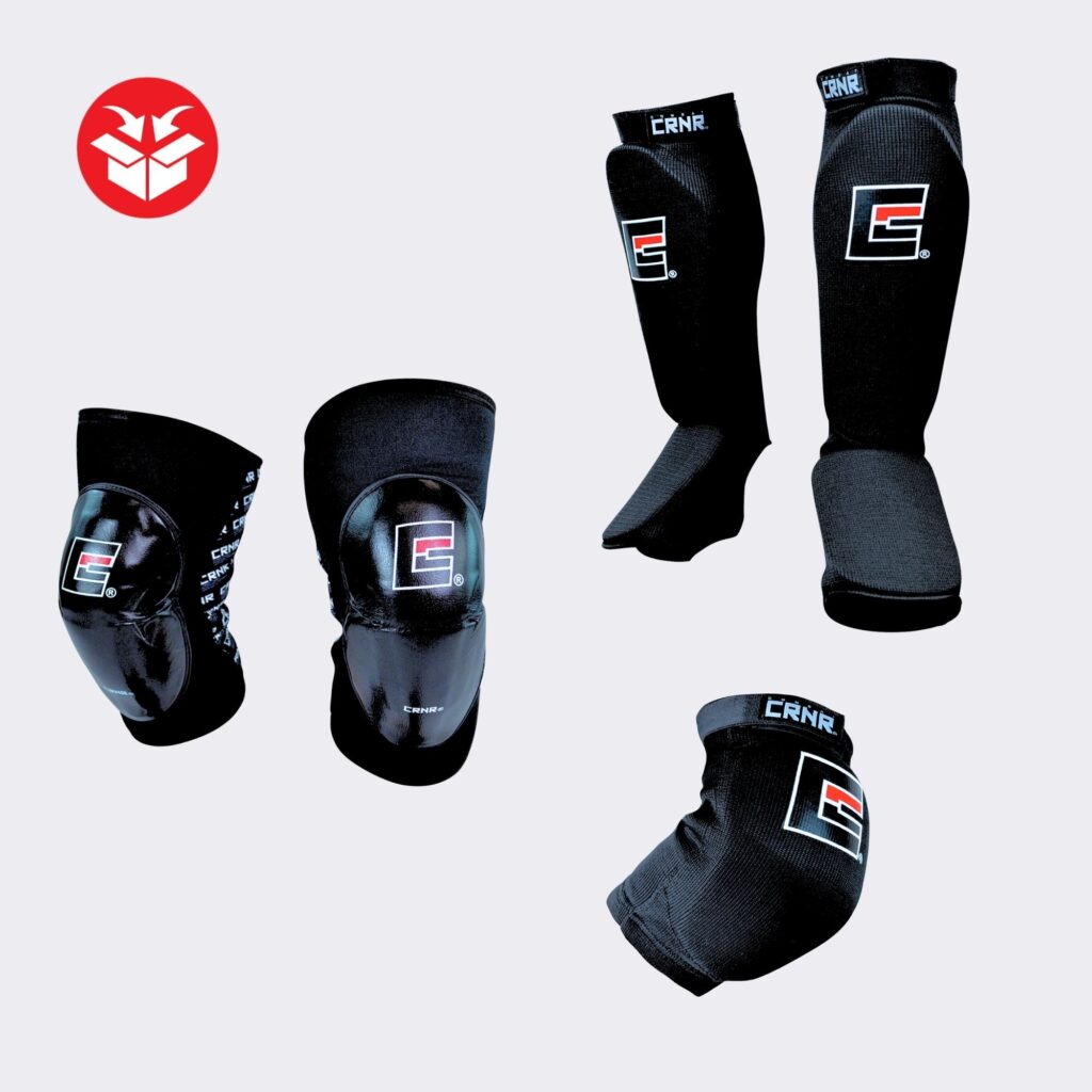 Photo of Combat Corner's Protection KES Bundle, which includes Combat Corner's Premium Knee Pad, Muay Thai Elbow Pad, and Slip On Elastic Shin Pad