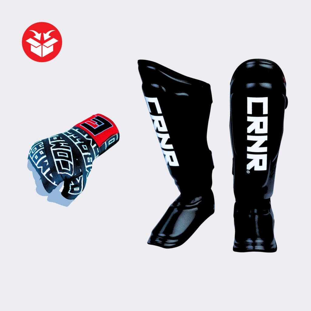 Photo of Combat Corner's Supreme Protection Bundle, which includes Combat Corner's Supreme 200" Hand Wraps and Supreme Shin Guards