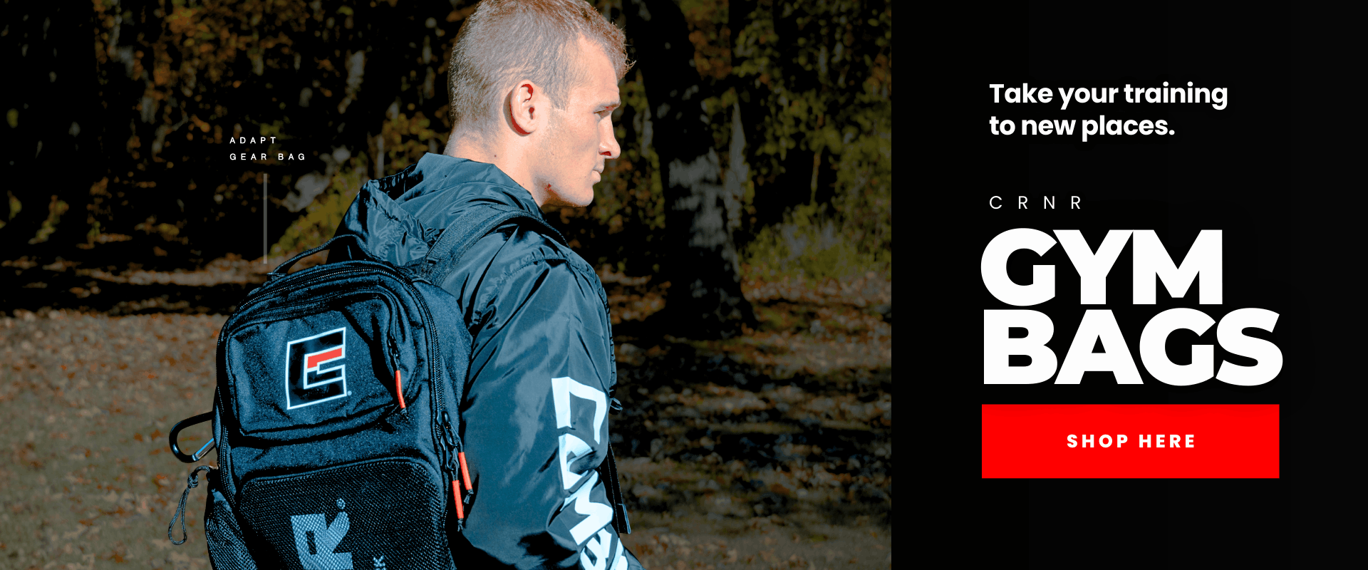 Photo of Combat Corner's Gym Bags. The photo shows a young man wearing the CRNR Adapt Gear Bag on his way to his MMA training session.