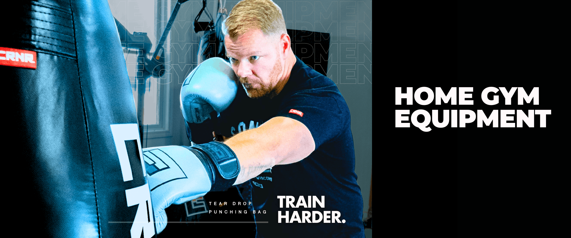 Photo of Combat Corner's Home Gym Equipment. The photo shows a CRNR tear drop punching bag, CRNR HMIT Boxing Gloves, CRNR Training Dummy, and more.