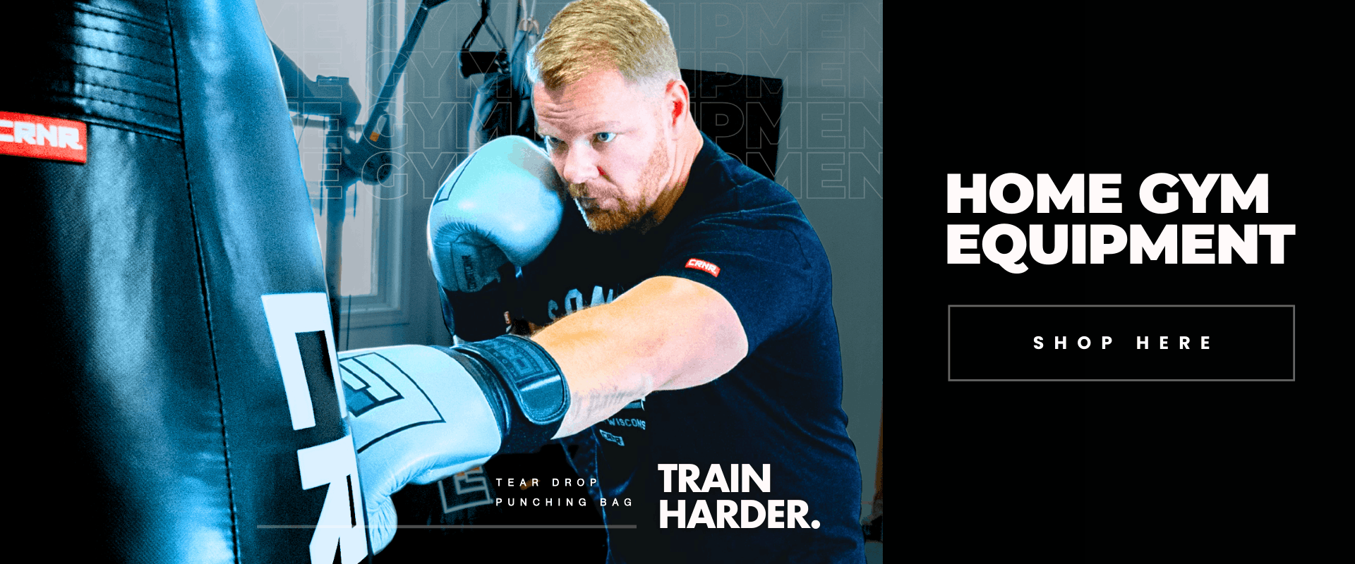 Photo of Combat Corner's Home Gym Equipment. The photo shows a CRNR tear drop punching bag, CRNR HMIT Boxing Gloves, CRNR Training Dummy, and more.