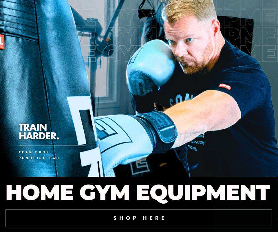 Photo of Combat Corner's Home Gym Equipment. The photo shows a CRNR tear drop punching bag, CRNR HMIT Boxing Gloves, CRNR Training Dummy, and more.
