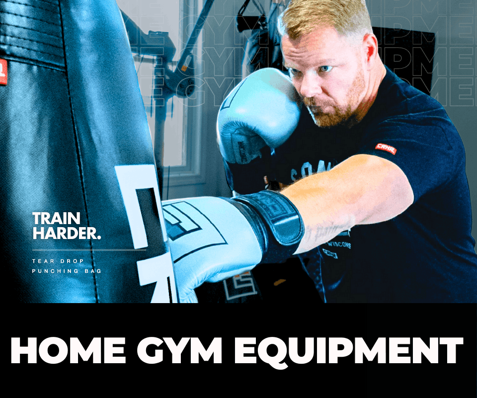 Photo of Combat Corner's Home Gym Equipment. The photo shows a CRNR tear drop punching bag, CRNR HMIT Boxing Gloves, CRNR Training Dummy, and more.