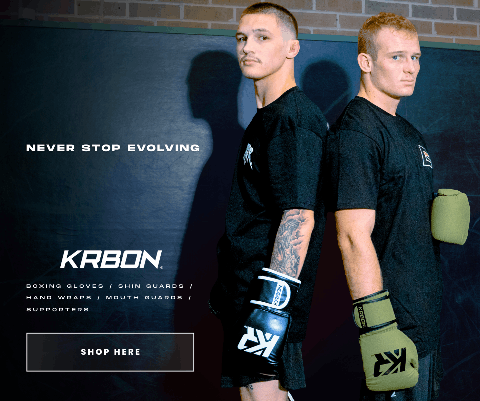 Photo of Combat Corner's KRBON Boxing Gear. The photo shows two young men training with KRBON Boxing Gloves.