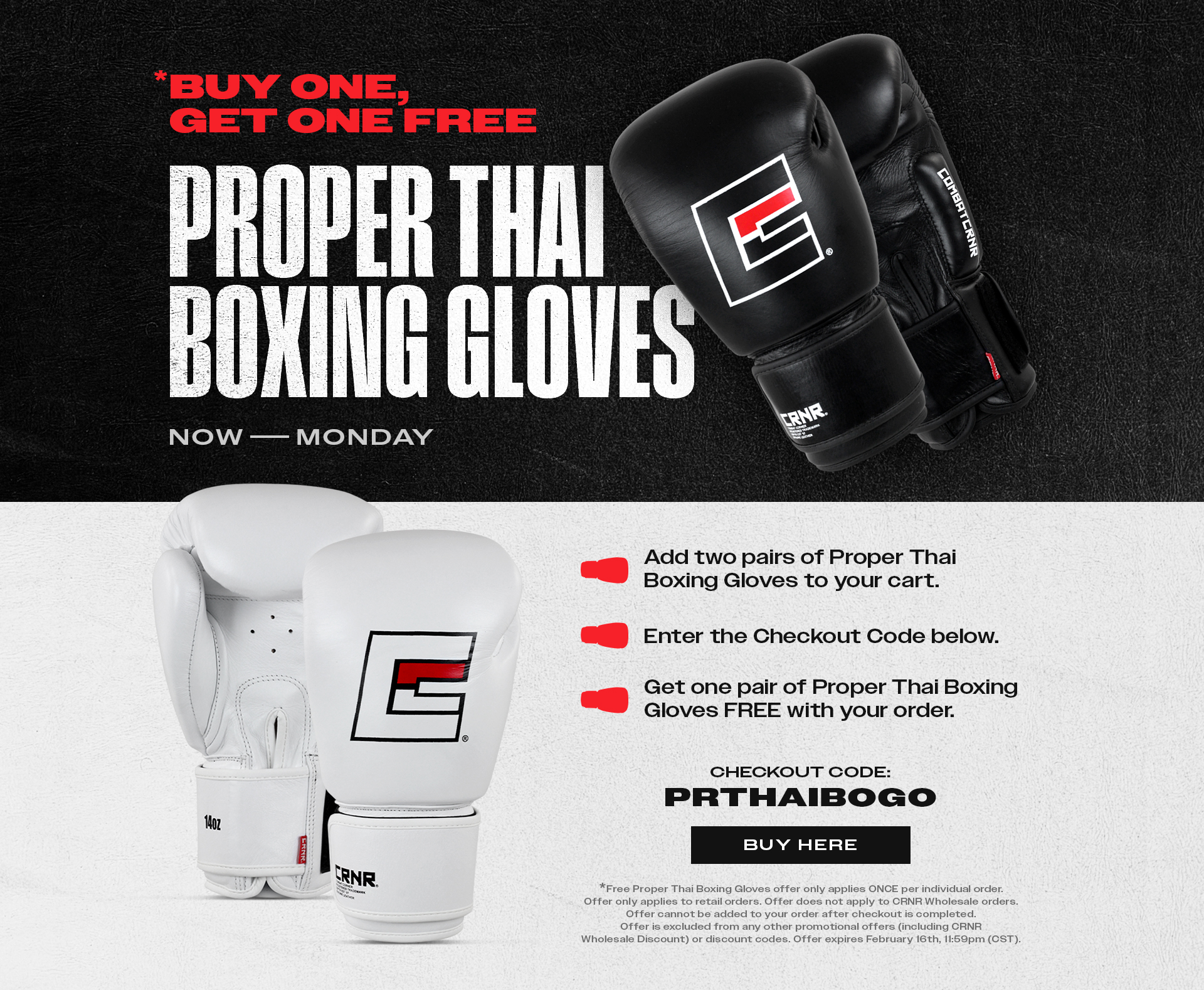 Photo for Combat Corner's Buy One, Get One Free Proper Thai Gloves Deal, which runs from Feb. 12, 2026 through Feb. 16, 2026.