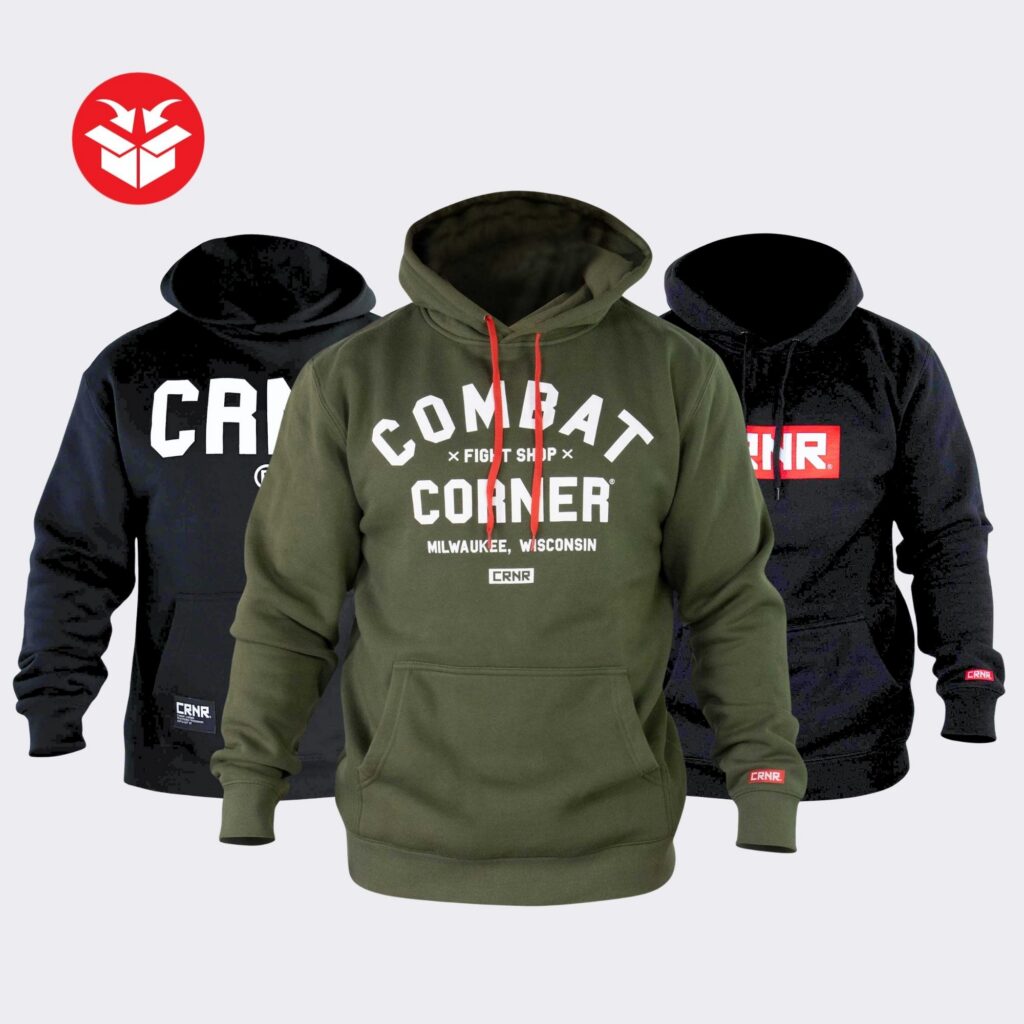 Photo of Combat Corner's 3 Pack Hoodies Bundle, which includes CRNR Supply Relaxed Hoodie, CRNR Fight Shop Heavyweight Hoodie, and CRNR Boxed Logo Heavyweight Hoodie