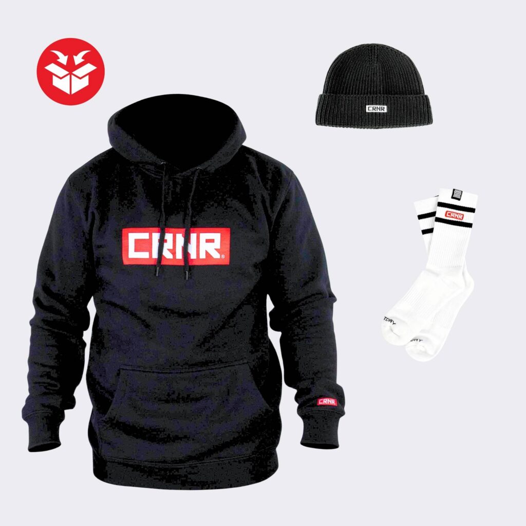 Photo of Combat Corner's Boxed Bundle, which includes CRNR Boxed Logo Heavyweight Hoodie, Boxed Logo Classic Beanie, and Boxed Logo Mid Socks