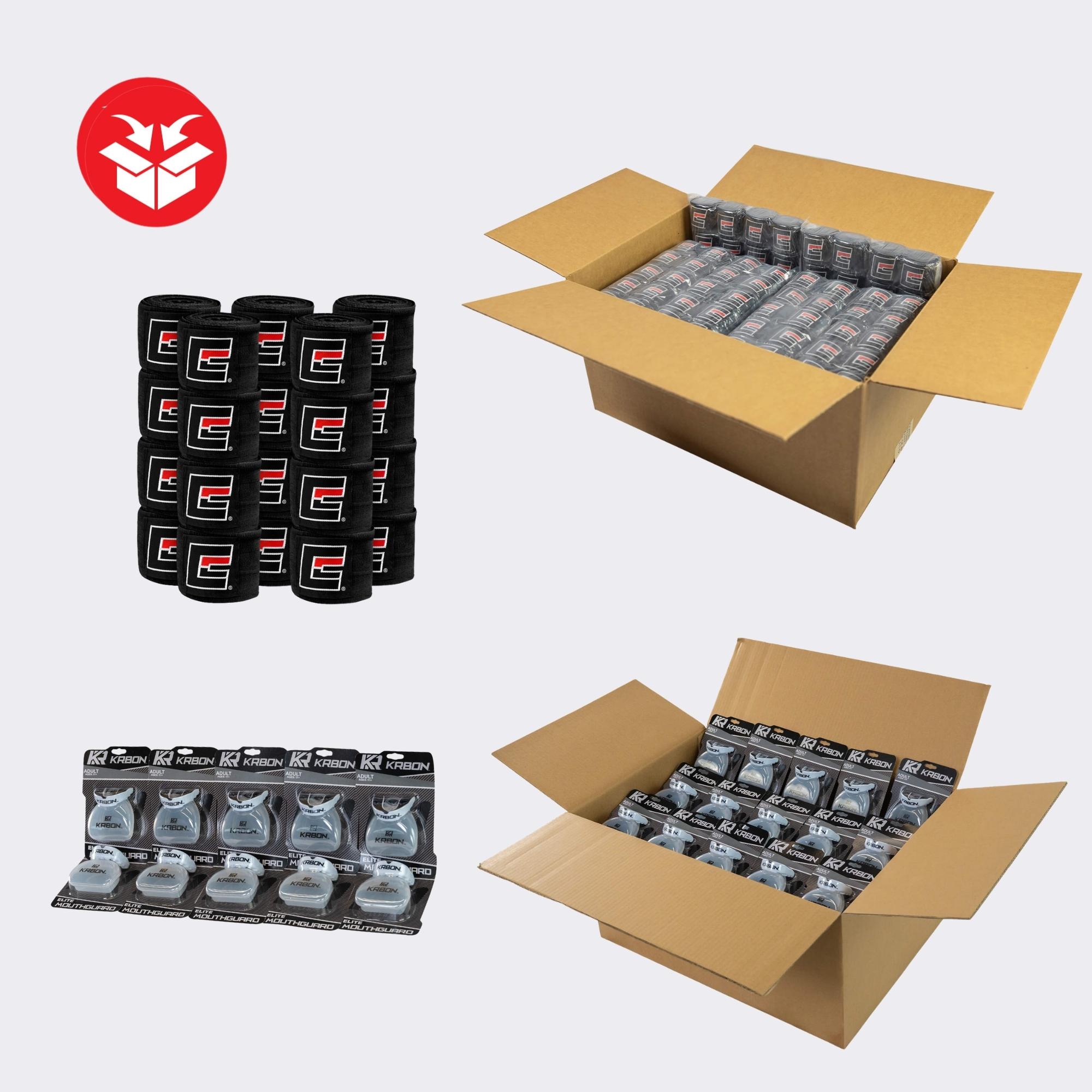Photo of Combat Corner's Gym Essential Bundle, which includes 10-Pack or 100 Case CRNR Pro Hand Wraps and 10-Pack or 90 Case KRBON Elite Mouthguards