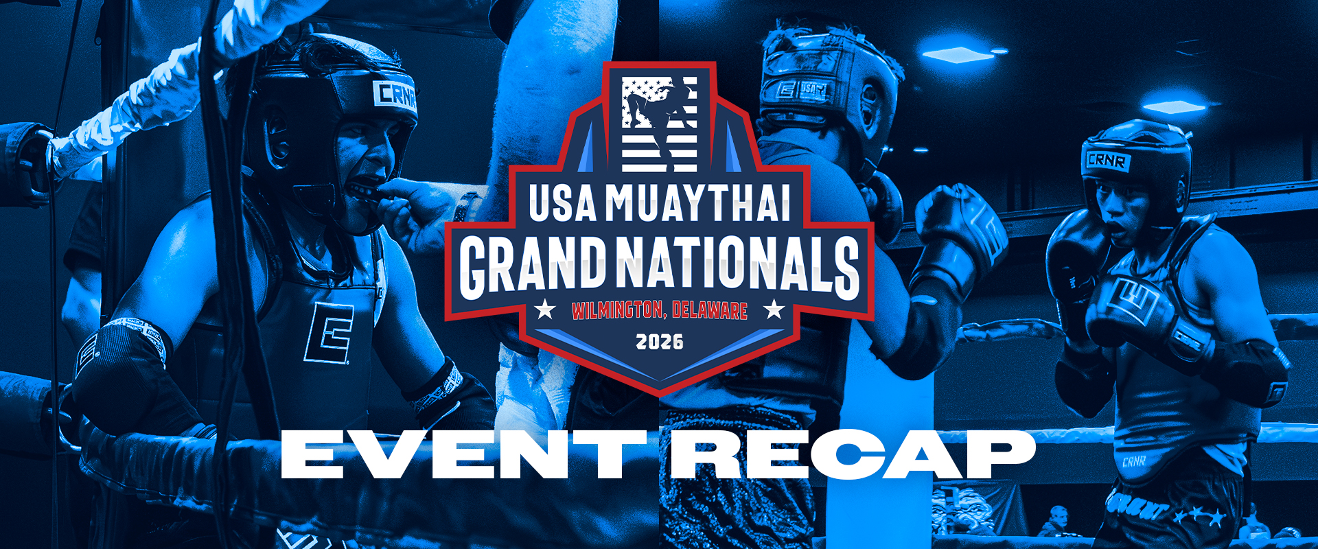 Hero image for Combat Corner's recap article of the 2026 USA Muay Thai Grand Nationals. The photo shows Muay Thai athletes competing at the tournament and using Combat Corner Muay Thai gear.