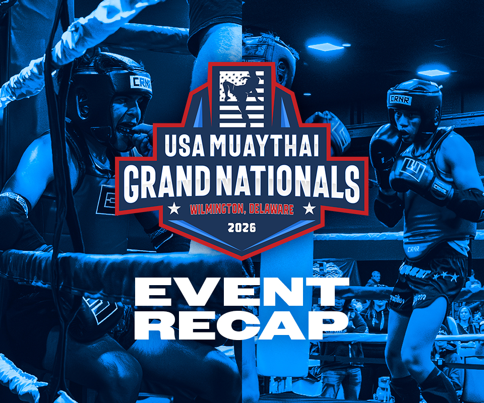 Hero image for Combat Corner's recap article of the 2026 USA Muay Thai Grand Nationals. The photo shows Muay Thai athletes competing at the tournament and using Combat Corner Muay Thai gear.