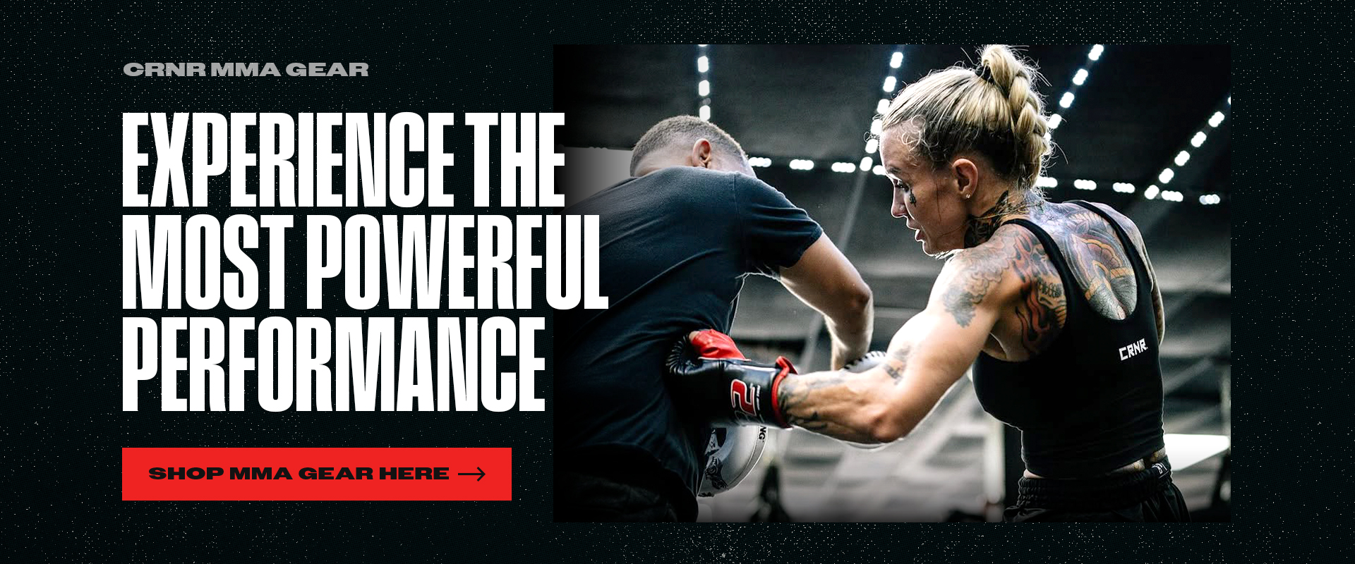 Photo for Combat Corner's MMA Gear, like MMA Spar Gloves, Fight Shorts, and more. The photo shows Pro BKFC Fighter Taylor Starling training with CRNR MMA Gear like the C2 MMA Training Gloves.