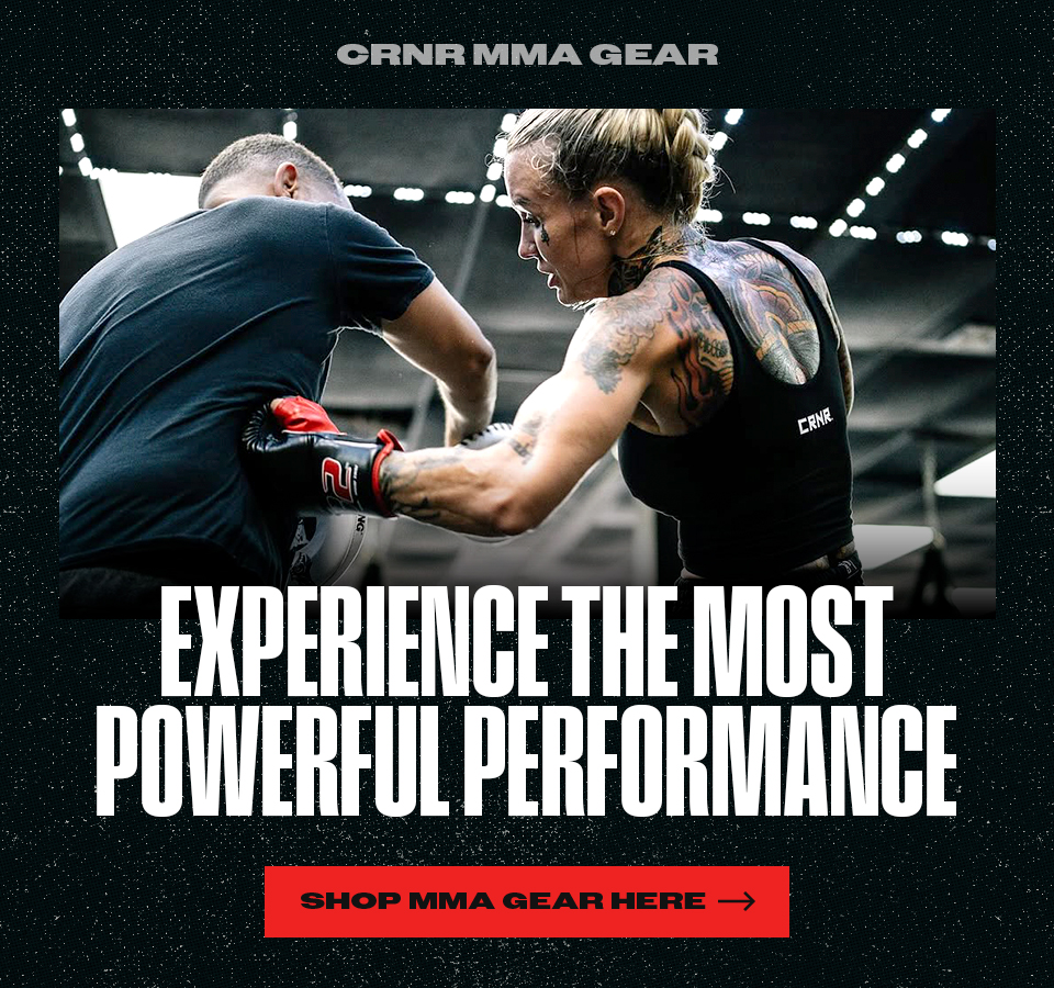 Photo for Combat Corner's MMA Gear, like MMA Spar Gloves, Fight Shorts, and more. The photo shows Pro BKFC Fighter Taylor Starling training with CRNR MMA Gear like the C2 MMA Training Gloves.