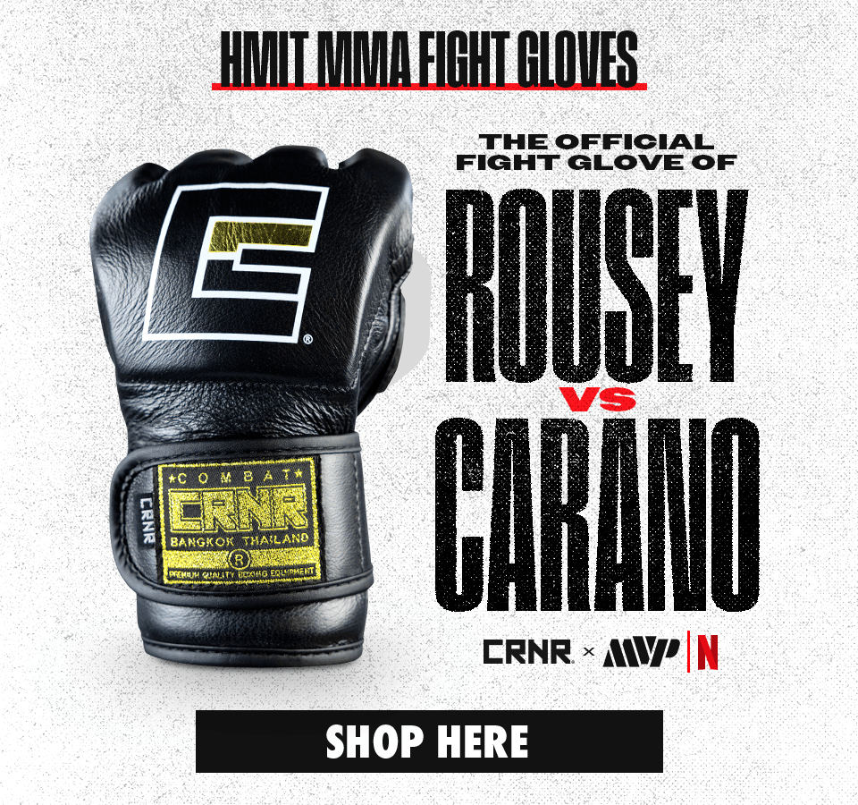 Photo of Combat Corner's HMIT MMA Fight Gloves, which are the official fight gloves for the Ronda Rousey versus Gina Carano Netfilx fight on May 16th, 2026.