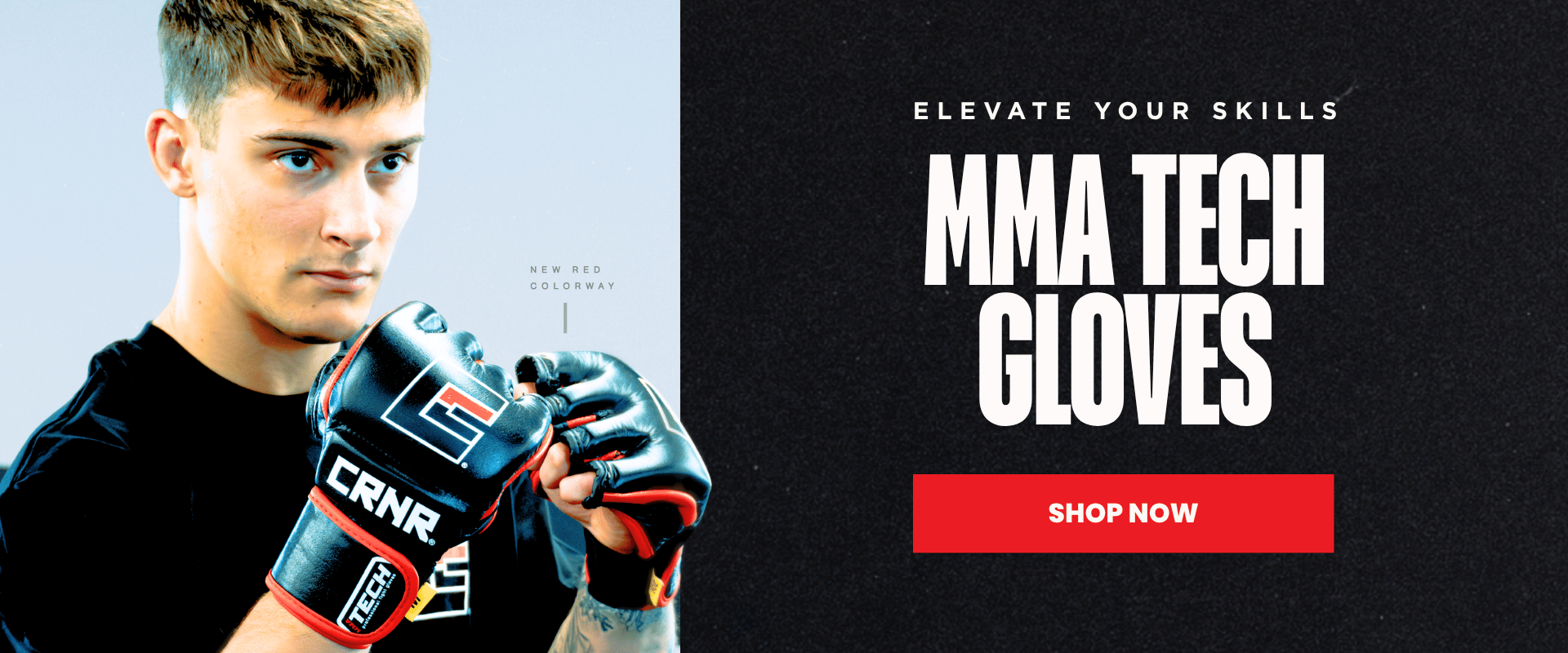 Promotional banner for Combat Corner featuring a young male fighter wearing black and red MMA Tech Gloves. The right side features a textured black background with text that reads 