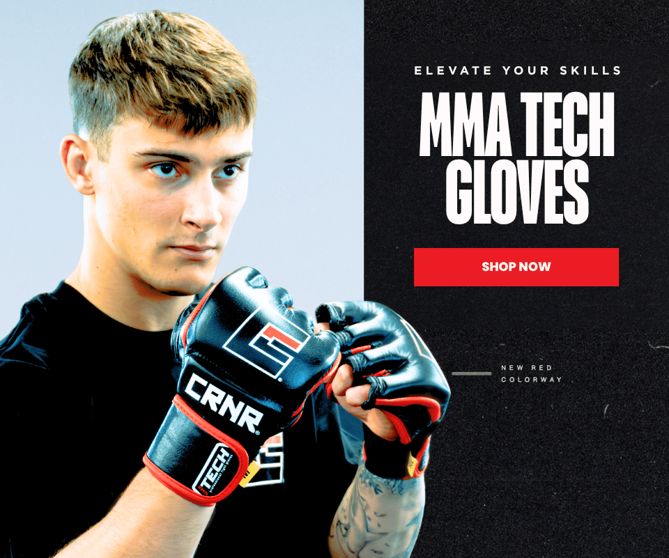 Promotional banner for Combat Corner featuring a young male fighter wearing black and red MMA Tech Gloves. The right side features a textured black background with text that reads 