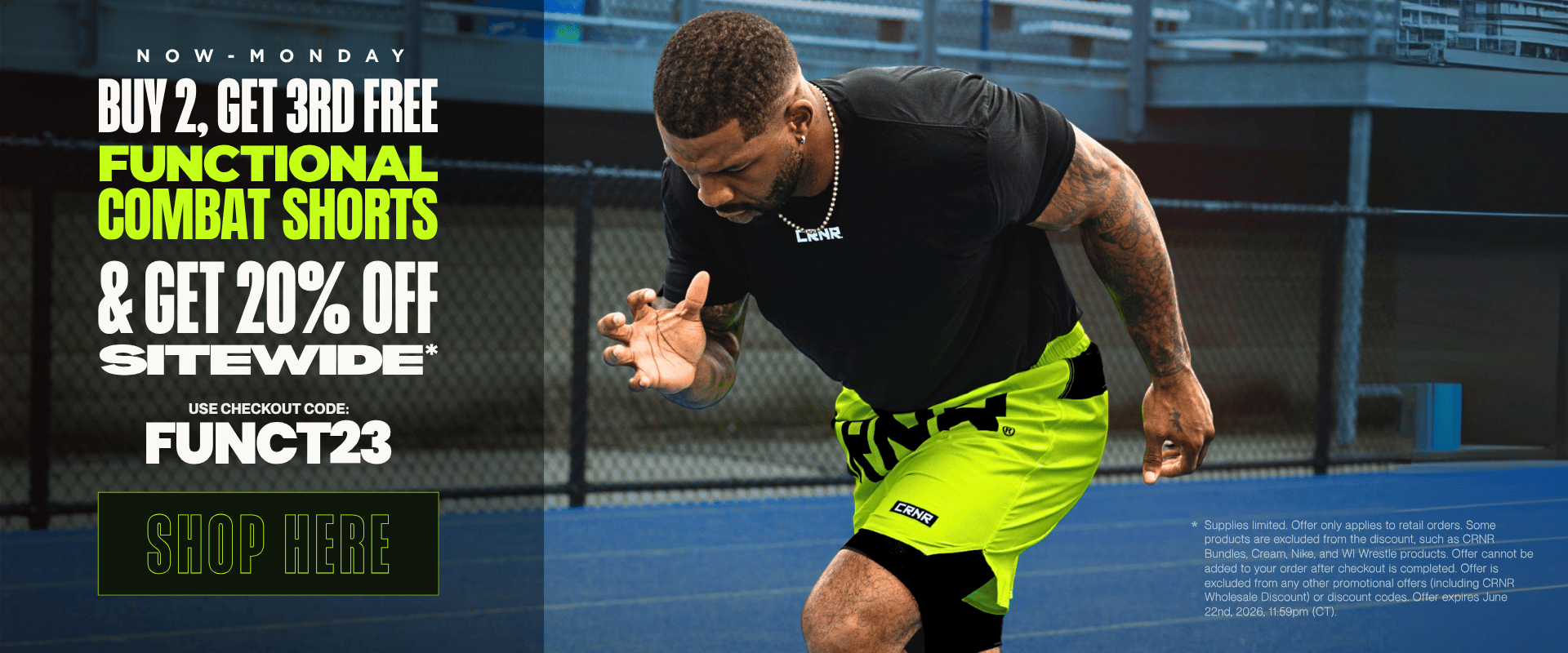 Promotional banner for Combat Corner Father's Day Weekend deal of buy 2, get 3rd free Functional Combat Shorts and 20% off select products sitewide when you use the checkout code FUNCT23.